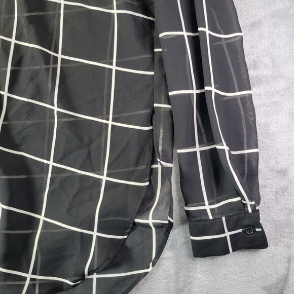 Rue21 Womens Black White Windowpane Plaid ButtonUp Shirt L Sheer Casual Workwear - Picture 3 of 11